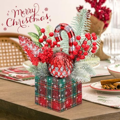 Petit sapin de Noël artificiel de table avec mini décorations d'arbre de Noël et décorations de Noël, pomme de pin rouge, verdure pour manteau de cheminée intérieur (grand-carré-rouge)