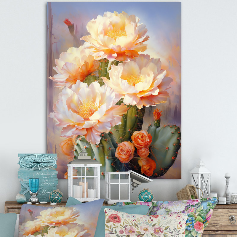 Yuna, rose, vert, cactus, impression romantique IV, H 32 po x l 24 po x P 1 po, Toile tendue