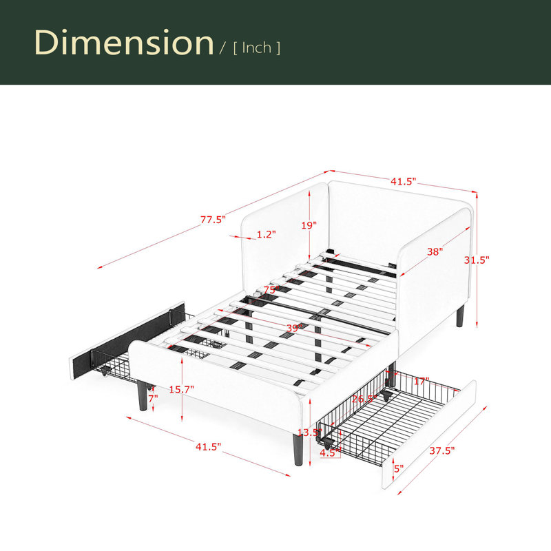 Structure de lit plateforme tapissier avec 2 tiroirs de rangement, canapé-lit réglable en velours, Lit simple, Noir