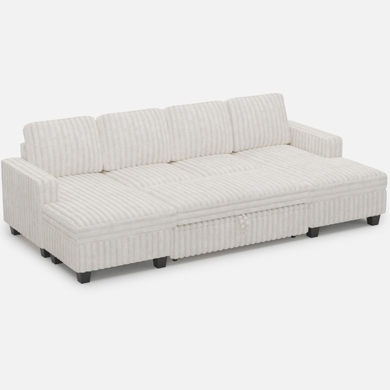 Faux Rabbit Fur Modular Sofa Couch With Pull-Out Bed, Beige Faux Fur