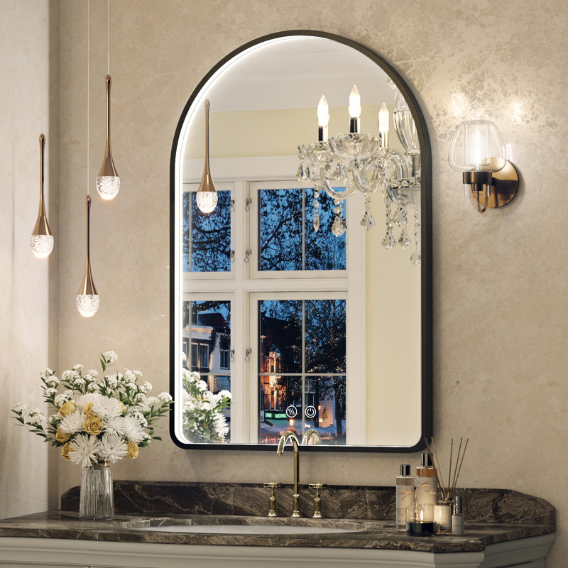 LED Bathroom Mirror with Lights, Arched Lighted Vanity Mirror with Anti-Fog, Memory Function,Dimmable, 30" x 20", Black