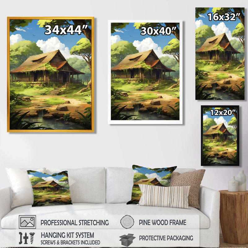 Vieille maison de campagne recouverte de vert profond - art mural paysage, H 20 po x l 12 po x P 1 po