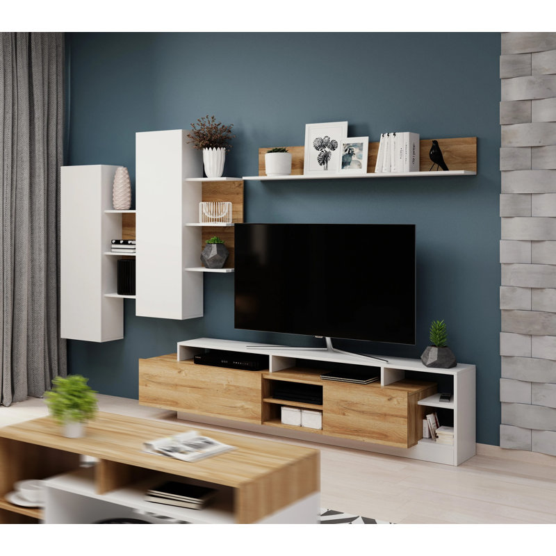 Jerianne Unfinished Living Room Walls for TVs up to 85", White Matt/Grand Oak