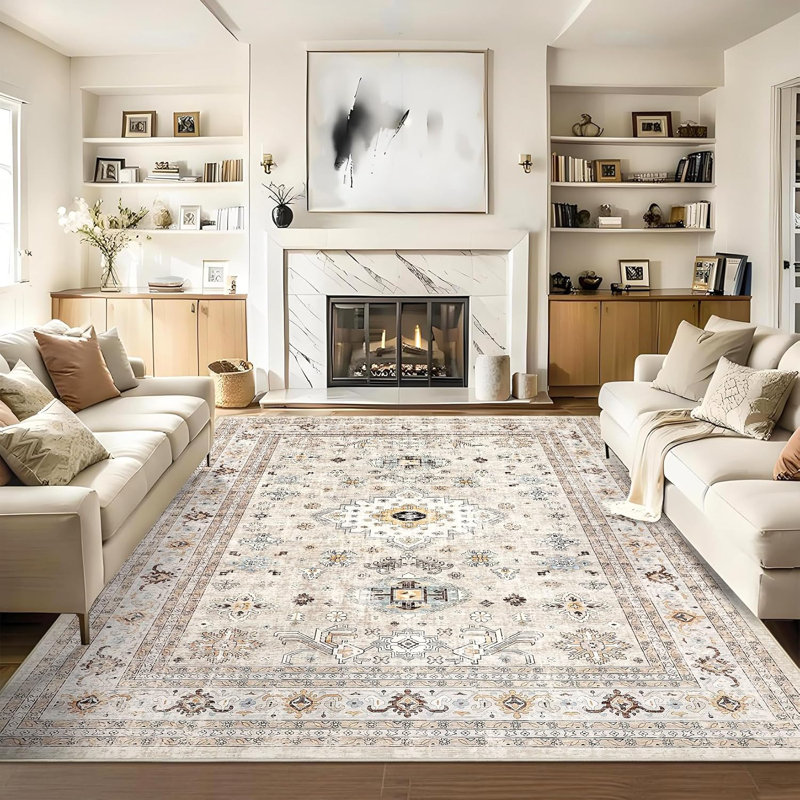 Hallway Runner Rug, Low Pile Washable Vintage Oriental Floral Carpet with Rubber Backing for Entryway, Bedroom, Hall, Kitchen, Beige