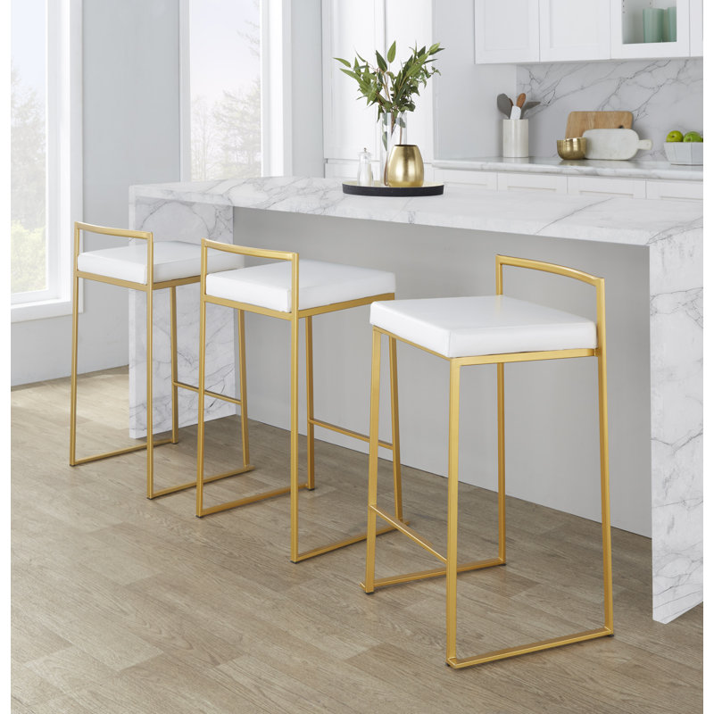 Tabouret de bar et de comptoir Derik, Or, Simili cuir blanc, Tabouret de comptoir (siège d'une hauteur de 27 p