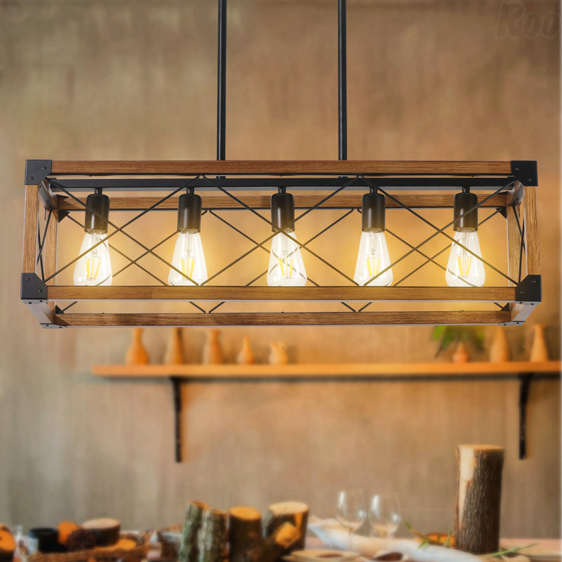 Chandelier - Industrial & Farmhouse Style Rectangle Pendant Light, 5-Light Configuration, Natural