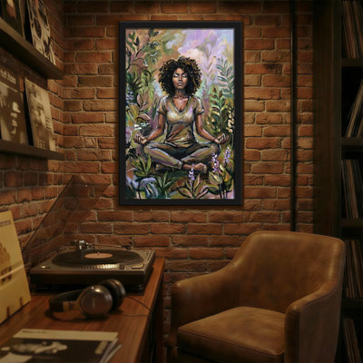 Femme abstraite méditant dans la nature avec des fleurs