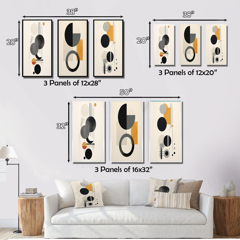 «Minimal Circular Geometric Illustration IV», 3 pièces sur toile, Toile tendue, H 40 po x l 60 po