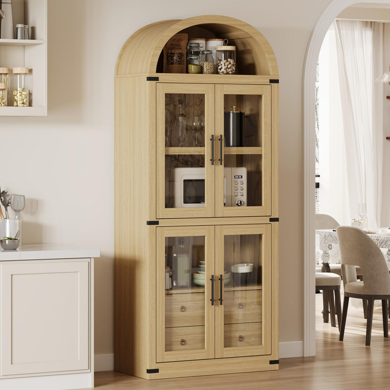 Arched Bookshelf with Doors and Drawers Farmhouse Bookcase 15.83in Depth Display Storage Shelves 71.4in Tall Wooden Display Cabinet Rounded Bookcases
