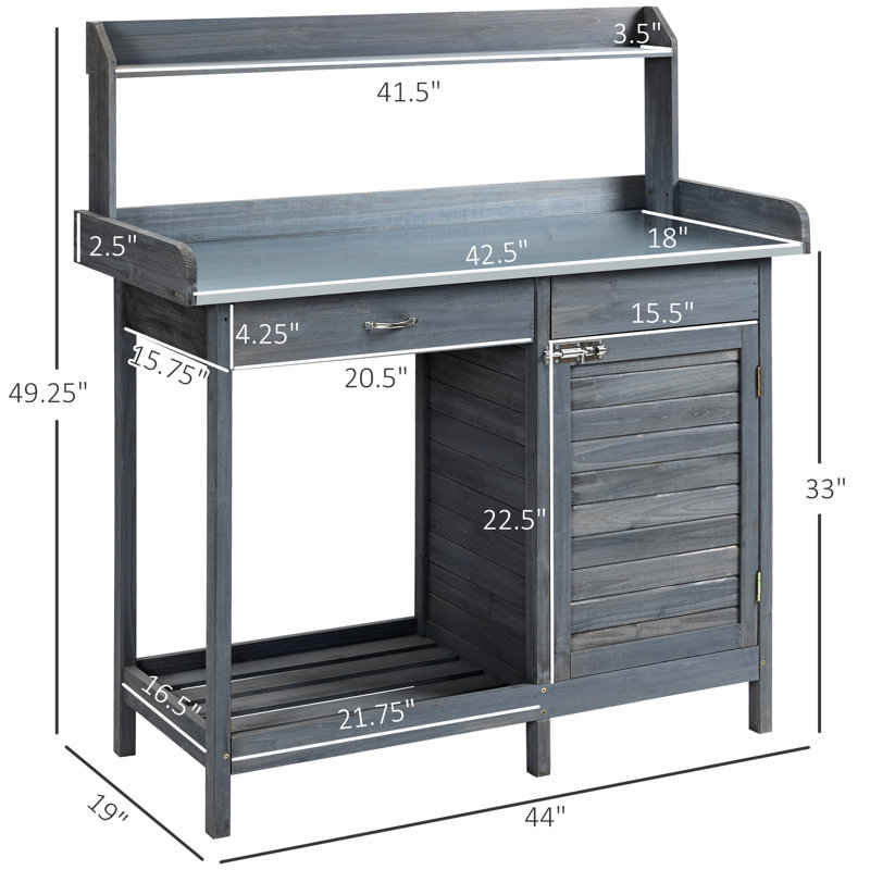 Banc de jardinage, poste de travail extérieur avec armoire de rangement et tablette, table de table rouille grise, unité d'espace supplémentaire, rouille