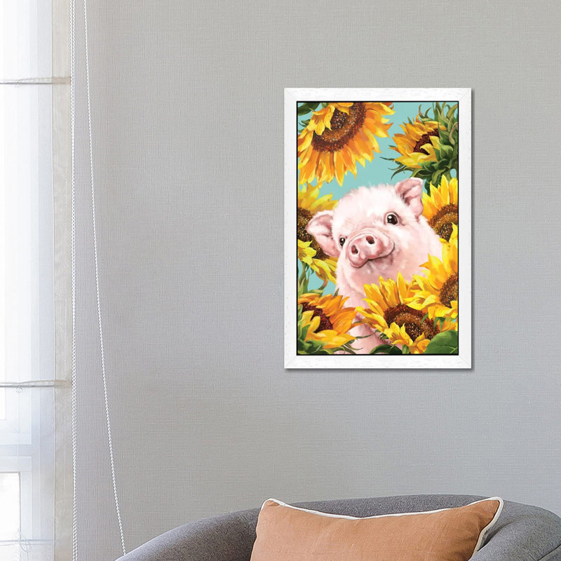 Baby Pig With Sunflower by Big Nose Work - Floater Frame Print on Canvas, 152.5 cm H x 101.5 cm W, White Framed