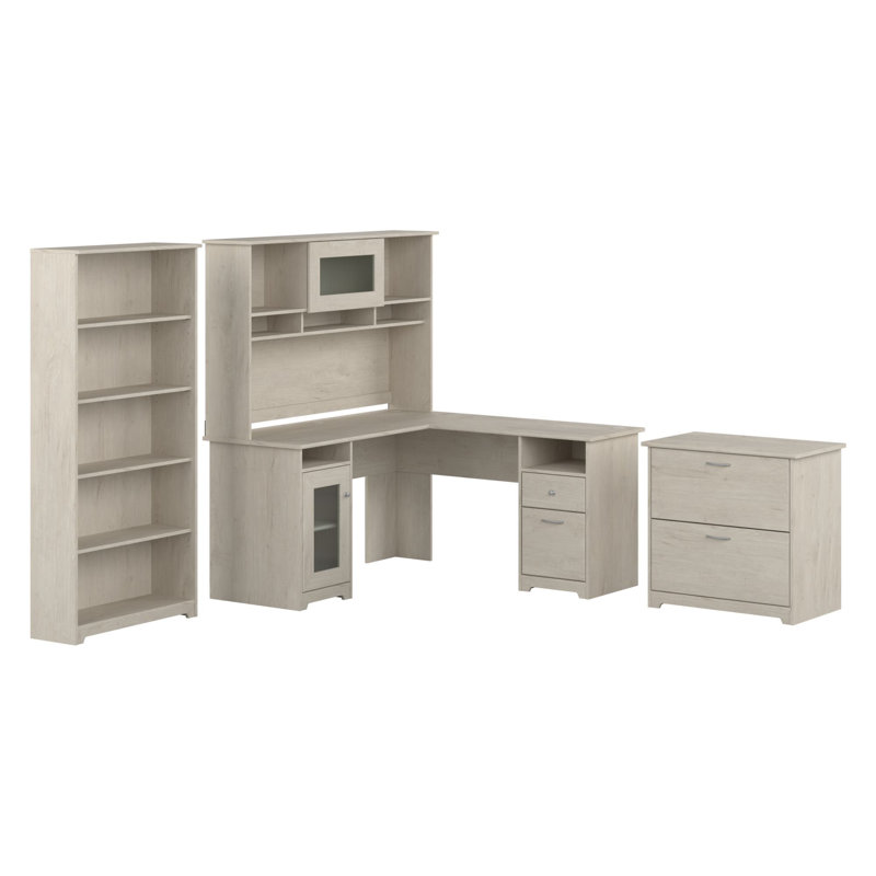 Ensemble de bureau d'ordinateur en L 5 pièces Shelonda, Chêne blanc lin