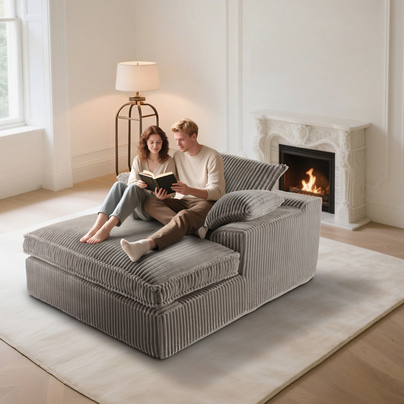 56’’ Corduroy Indoor Upholstered Chaise Lounge Chair Oversized Sleeper Sofa With 3 Pillows, Gray