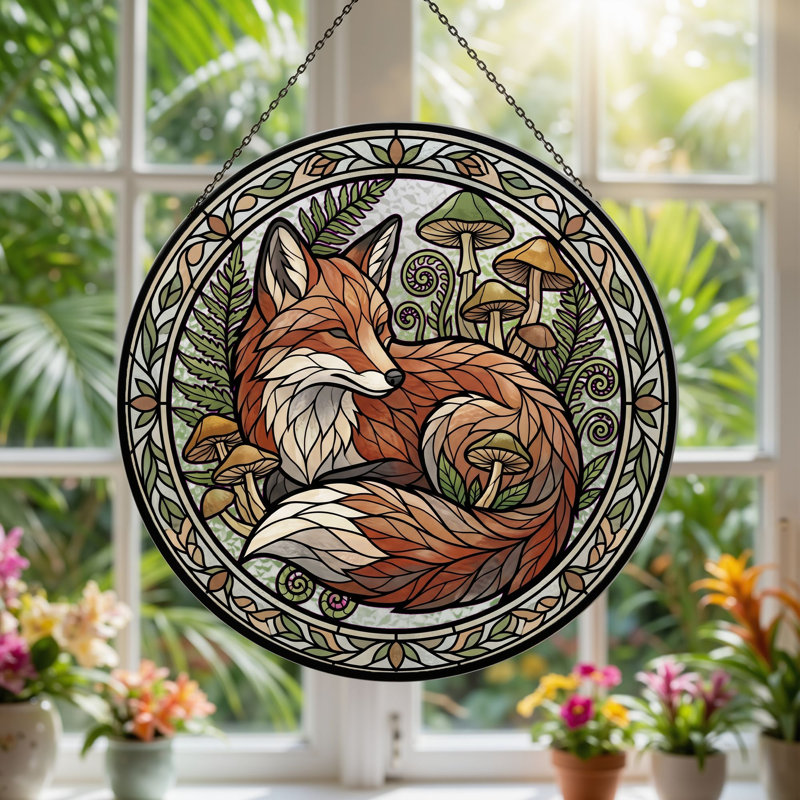 Panneau de vitrail en verre coloré Fox H， 12 po, H 12 po