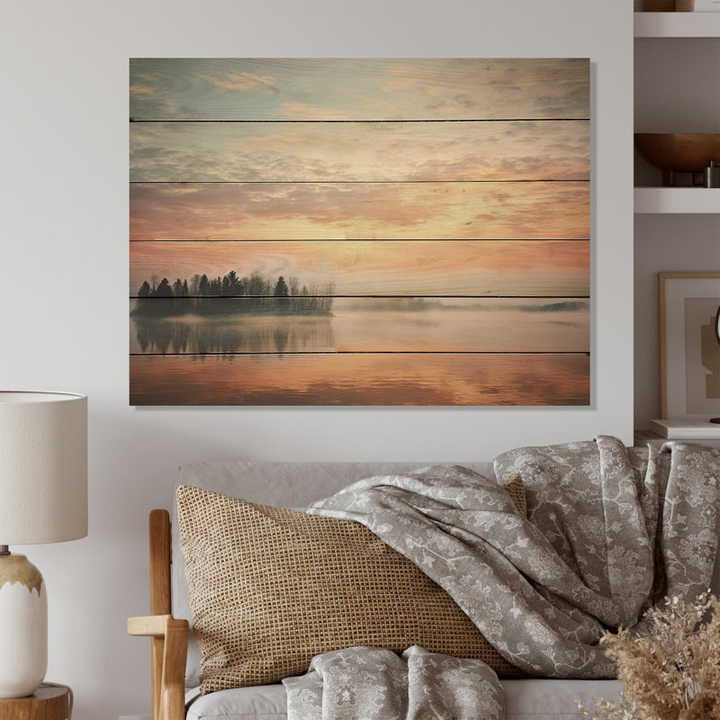 Misty Morning Sky Photo II - impression de paysages sur bois de pin naturel, H 24 po x l 32 po x P 0,78 po