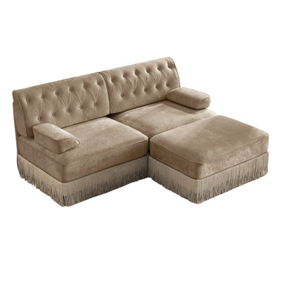 76.6" Velvet Upholstered Chesterfield Sectional Sofa with Tassel Fringe Skirt and a Movable Ottoman