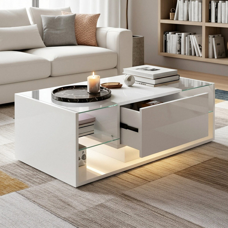 Solid Coffee Table with Storage, White