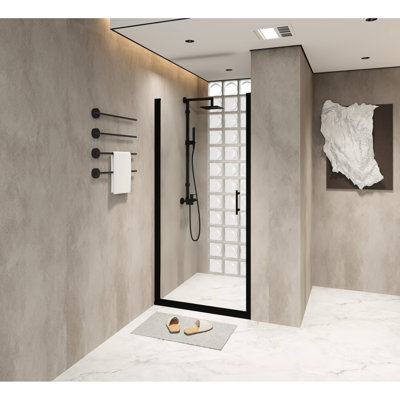 28x72 Inch Shower Door With Pivot Mechanism, Black Aluminum Frame, 1/4" Tempered Glass, Film, Water - Blocking Strip, Smooth Swing For Bathroom Improvement Featuring Half 6mm Transparent Raised Shock