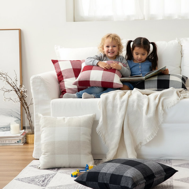  Set of 2 Throw Pillow Covers With Inserts– 18"x18" Decorative Throw Pillow Full Set, White/Black, Polyester