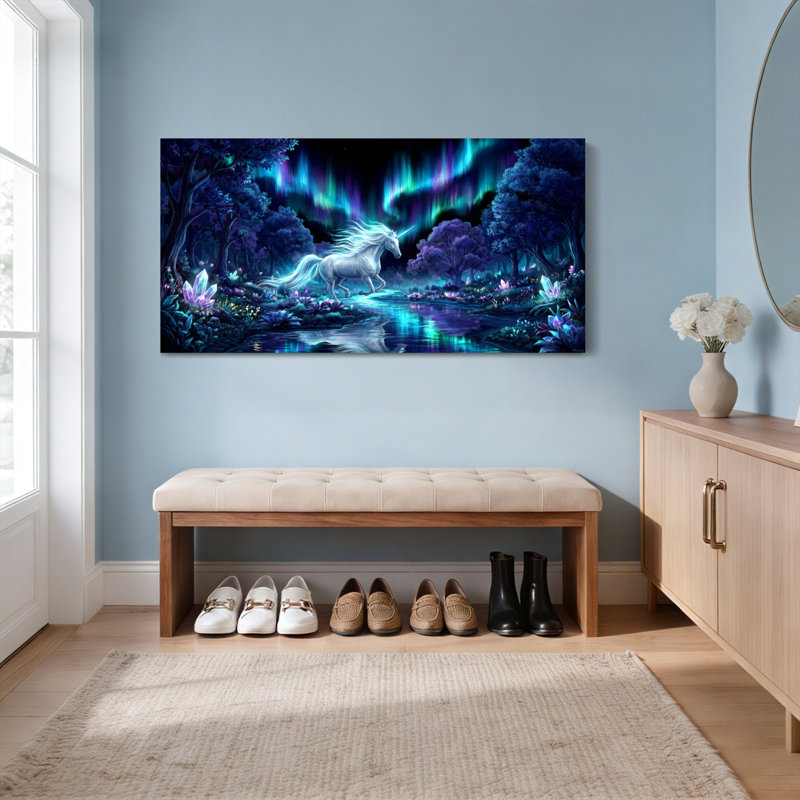 Ensemble de 1 tableau sur toile tendue Licorne Forêt d'Aurore, H 28 po x l 58 po