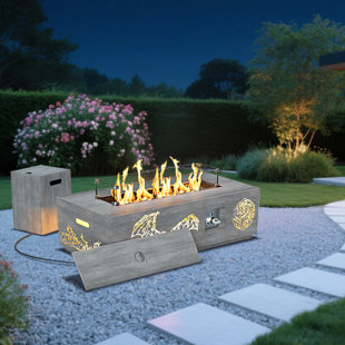 42 In Light Brown Rectangle Metal Outdoor Propane Fire Pit Table With Dragon Cutout & Golden Light