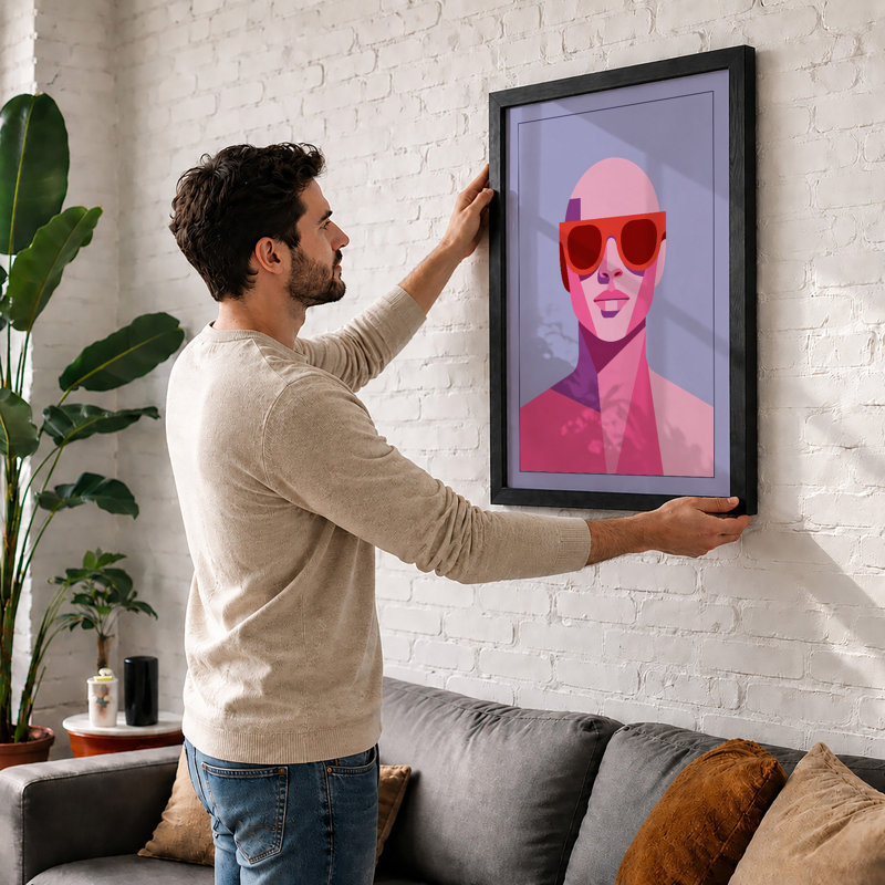 Pink Sunglasses Portrait Modern - Framed Print, A1 - 84.1 x 59.4 cm, White