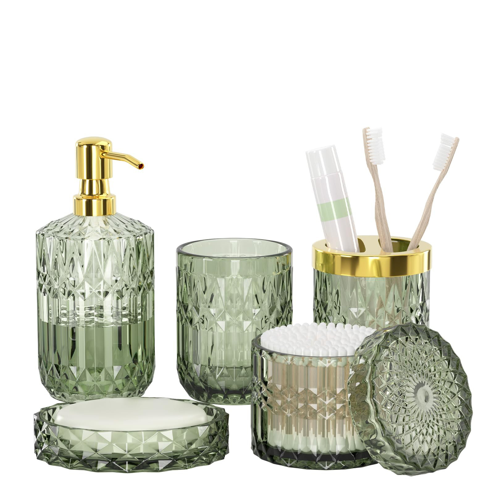 Mercer41 Green Bathroom Accessories Set 5 PCS Glass Bathroom Decor