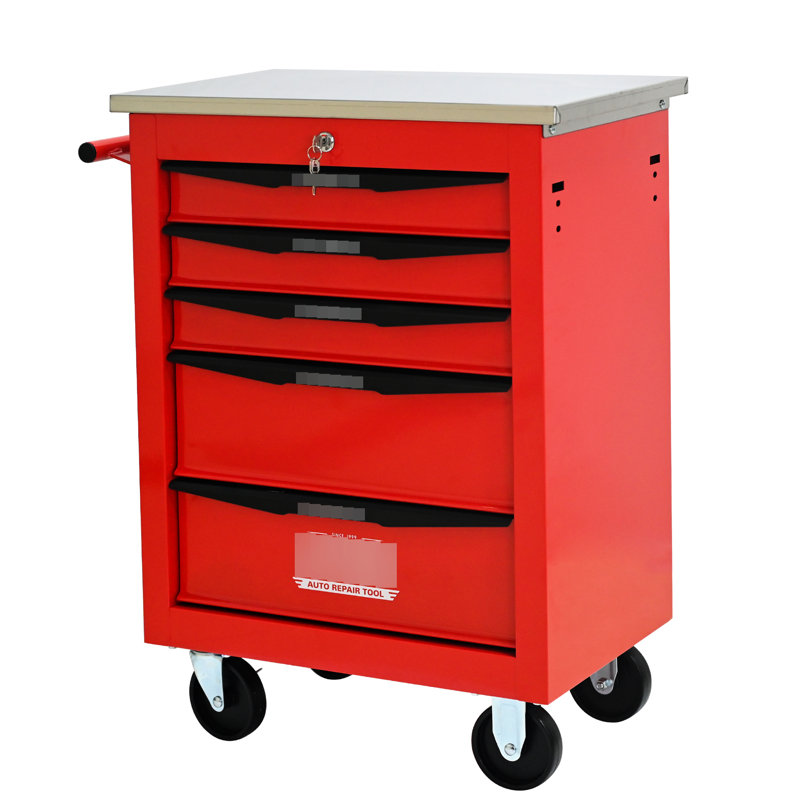 Chariot à outils d'atelier rouge et noir à 5 tiroirs avec toit en acier inoxydable, roues universelles verrouillables, capacité de chargement de 15 kg - glissière à roulement pour garage