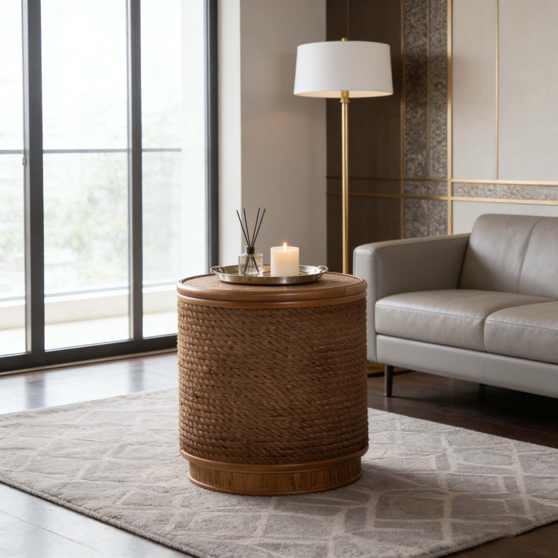Table basse ronde en rotin avec couvercle amovible, bordure en corde de chanvre tissée à la main