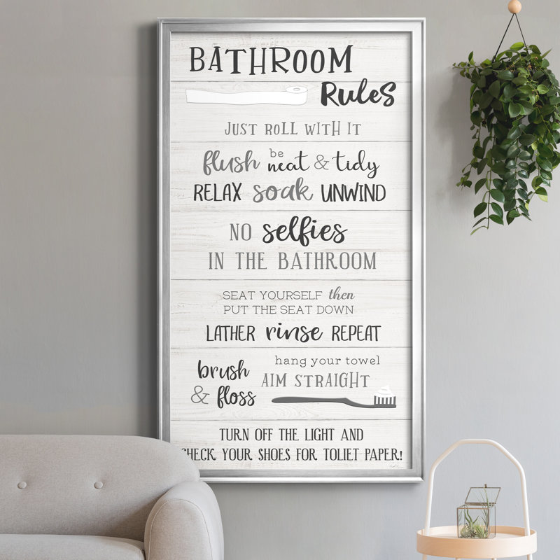 "Bathroom Rules" - Art textuel sur toile, H 22,5 po x l 42,5 po x P 1,5 po, Argent