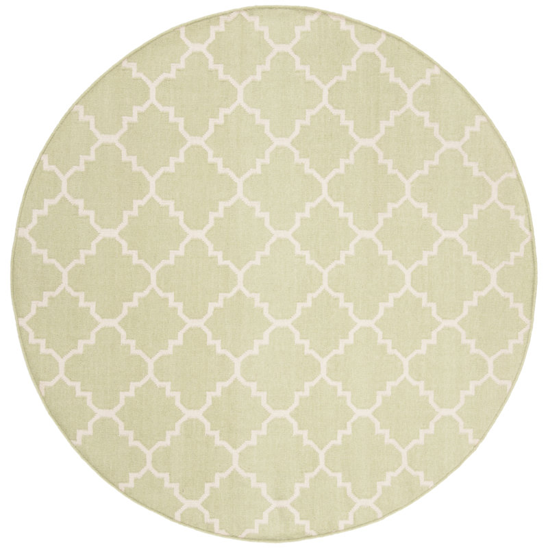 Estevez Hand Woven Flat Weave Wool/Cotton Geometric Rug in Ivory/Light Green, Round 8'