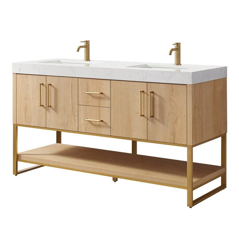 Meuble-lavabo double Cataleya, 60", Doré / chêne
