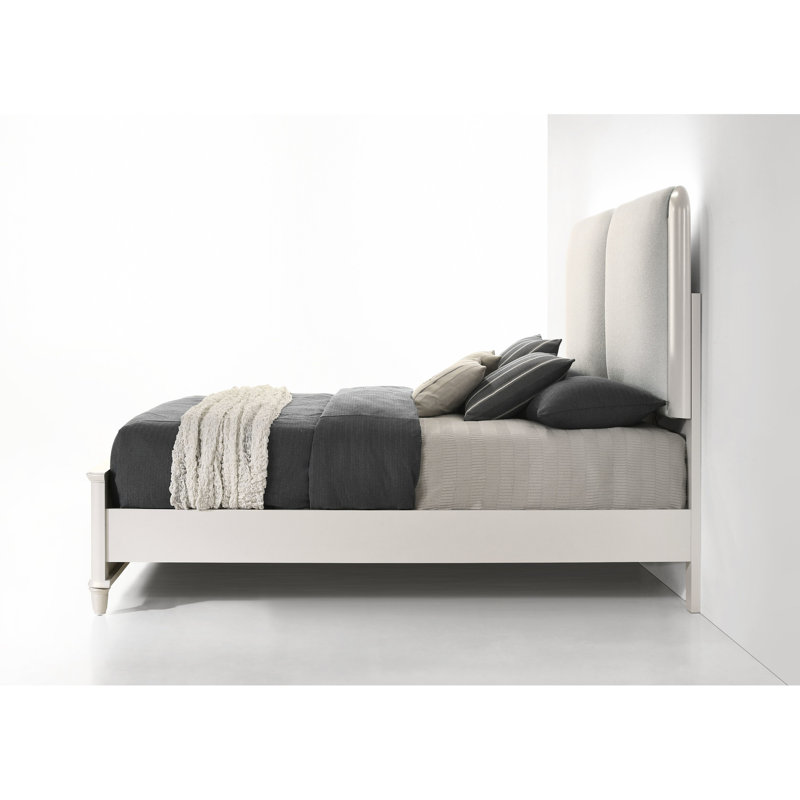 Lit oriental moderne gris et blanc perle avec tête de lit luxueuse et stable, fabrication stable, sommier tapissier requis et éclairage blanc, rembourrage de tête de lit luxueux, cadre
