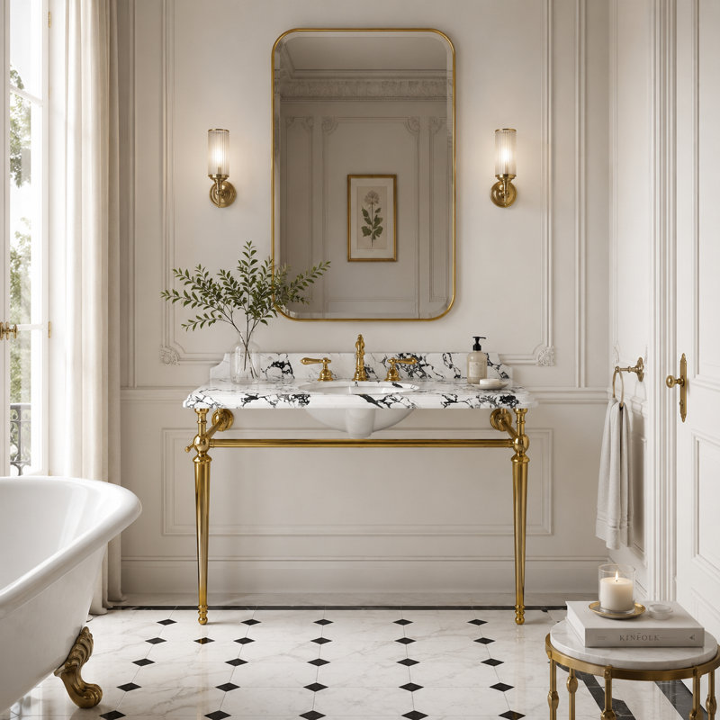 Console de lavabo 48 po, meuble-lavabo autoportant avec 3 trous de robinet pré-percés, Chrome chrome, 48"