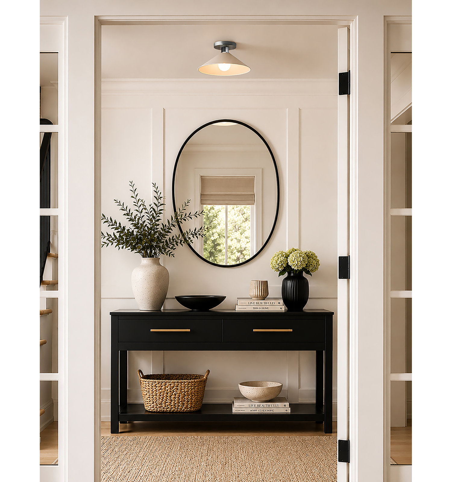 Single Light Ceramic Semi Flush Mount, Bisque, Brushed Nickel, Incandescent (Not Included)