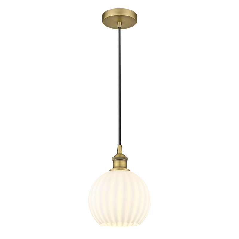 Mini-luminaire suspendu vénitien blanc Edison, Laiton brossé, H 10 po x l 8 po x P 8 po