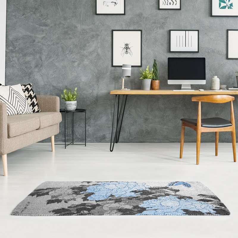 Tapis vert/bleu en chenille pivoines et papillon, Rectangle 3 pi x 5 pi
