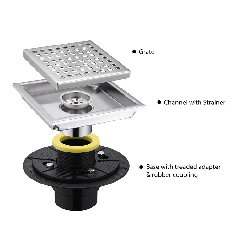 Drain de plancher de douche 6 po x 6 po, Acier inoxydable