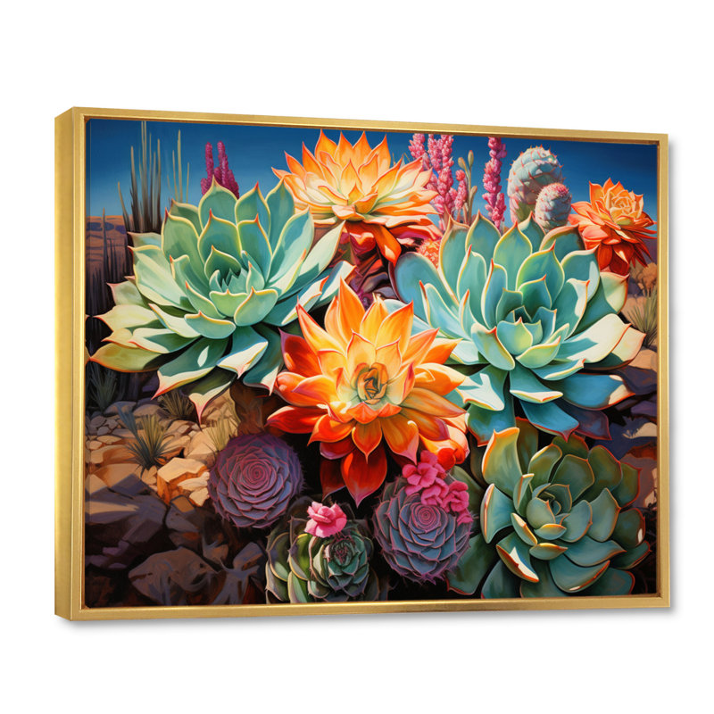 Succulentes vertes, orange, fleurs du désert II, H 12 po x l 20 po x P 1 po, Cadre flottant doré