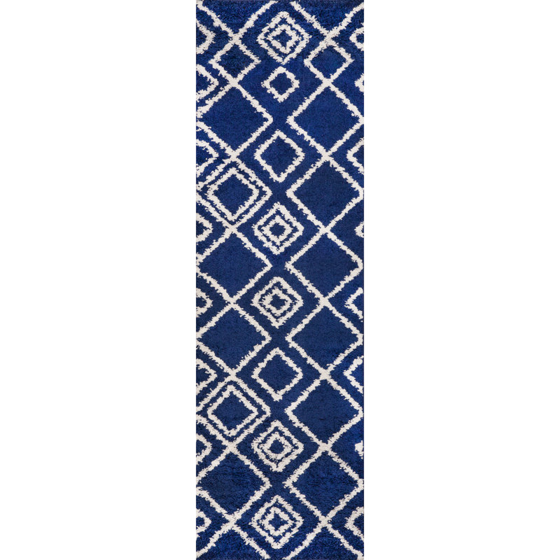 Tapis bleu à motif géométrique, Tapis de couloir 2 pi 7 po x 9 pi