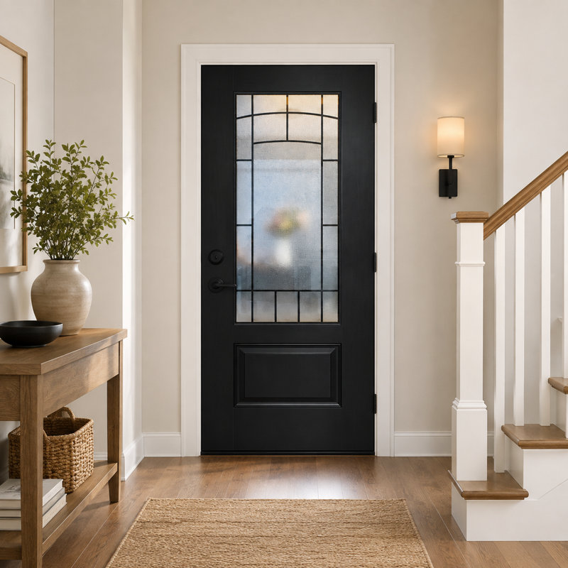 Porte d'entrée extérieure moderne en fibre de verre noire avec vitrage d'intimité, 36 x 80 pouces, finition nécessitant peu d'entretien.