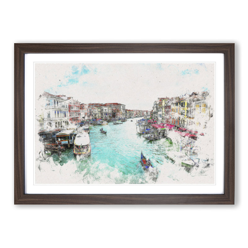 Gondolas in Venice Italy - Picture Frame Painting Print, 36cm H x 48cm W x 2cm D, Walnut Framed