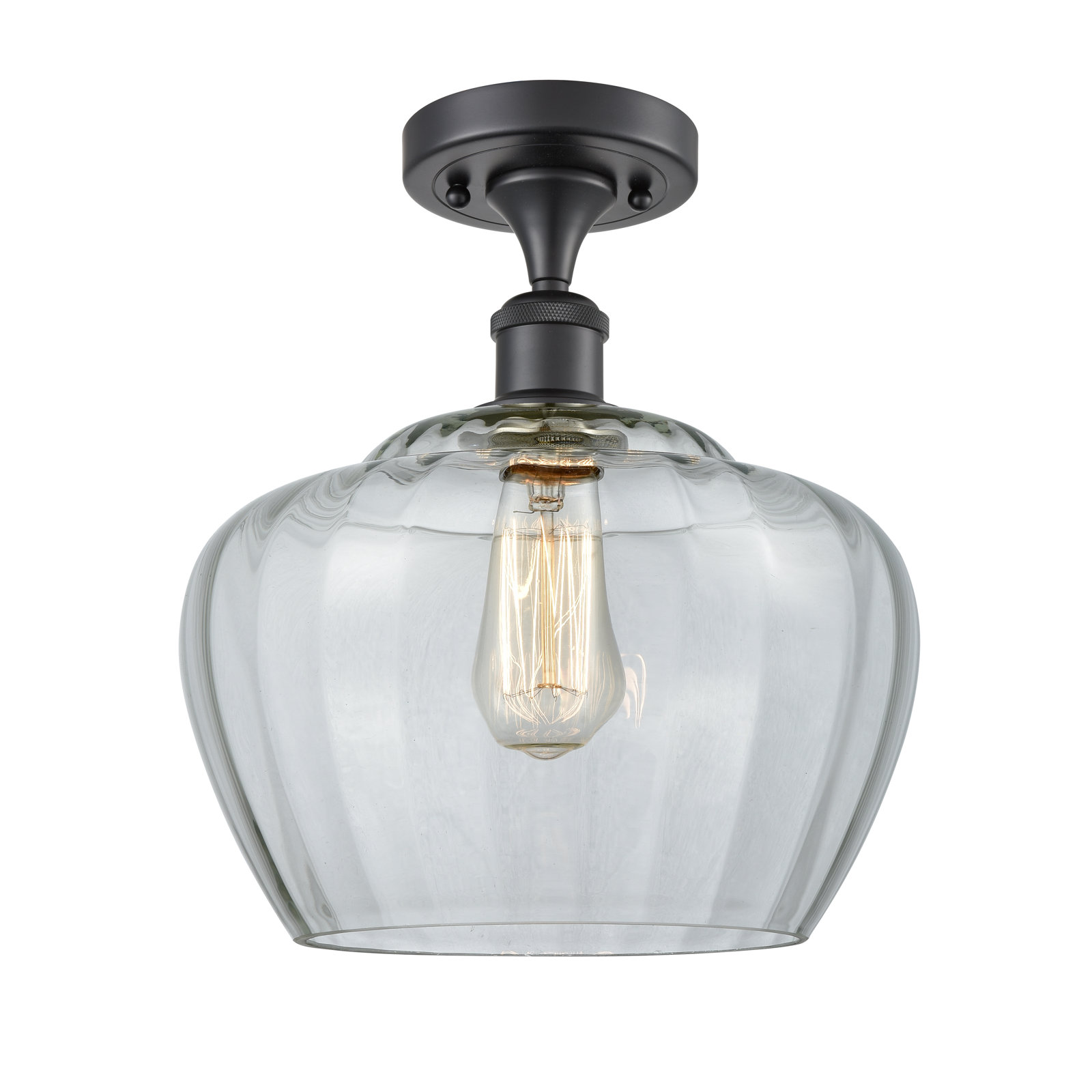 Renee Single Light Glass Semi Flush Mount, Matte Black, Clear, 60 Watt Vintage Incandescent Bulb