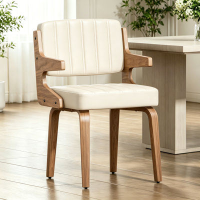 Mid-Century Modern Faux Leather Upholstered Dining Arm Chair, Wood Frame Side Chairs for Dining Room, Kitchen and Living Room