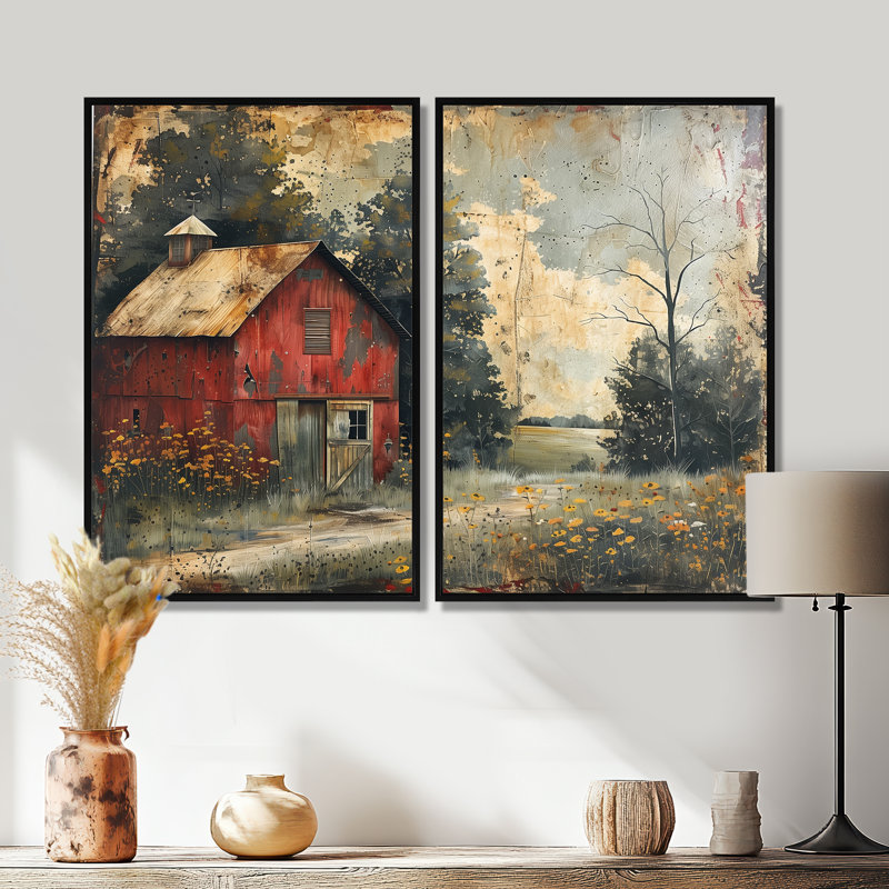 Ensemble de 2 granges campagnardes vintage rouge et gris d'hiver, 36" H x 48" W, Impression encadrée flottante, Black