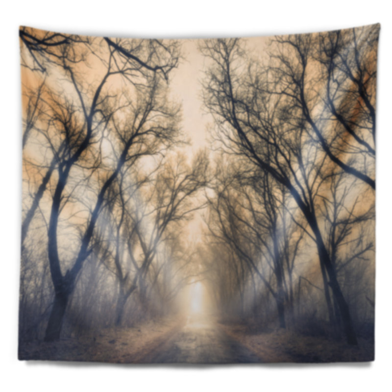 Tapisserie de brouillard dans la forêt d'automne vintage Landscape, H 78 po x l 92 po