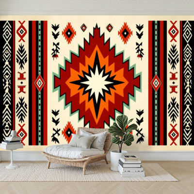 Wall Mural Peel and Stick Wallpaper Native american Southwest design Aztec Navajo design indian ornament Self-Adhesive Removable Contact Paper Wall Decor for Living Room Bedroom 100"H x 144"W