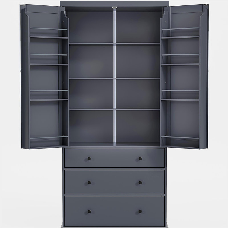Grande armoire de rangement autoportante 77 po avec 3 tablettes réglables, 8 tablettes de porte, 3 tiroirs, Gris