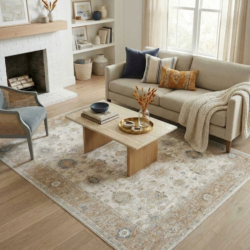 Selina Cream/Brown Traditional Floral Filigree Woven Indoor Area Rug, 6' x 9'