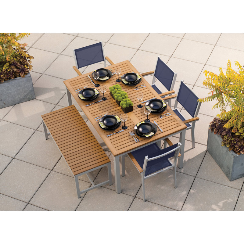 Travira Rectangular 6 - Person 63" Powder Coated Aluminum Sling Chair and Bench Patio Dining Set, Tekwood Natural, Chalk